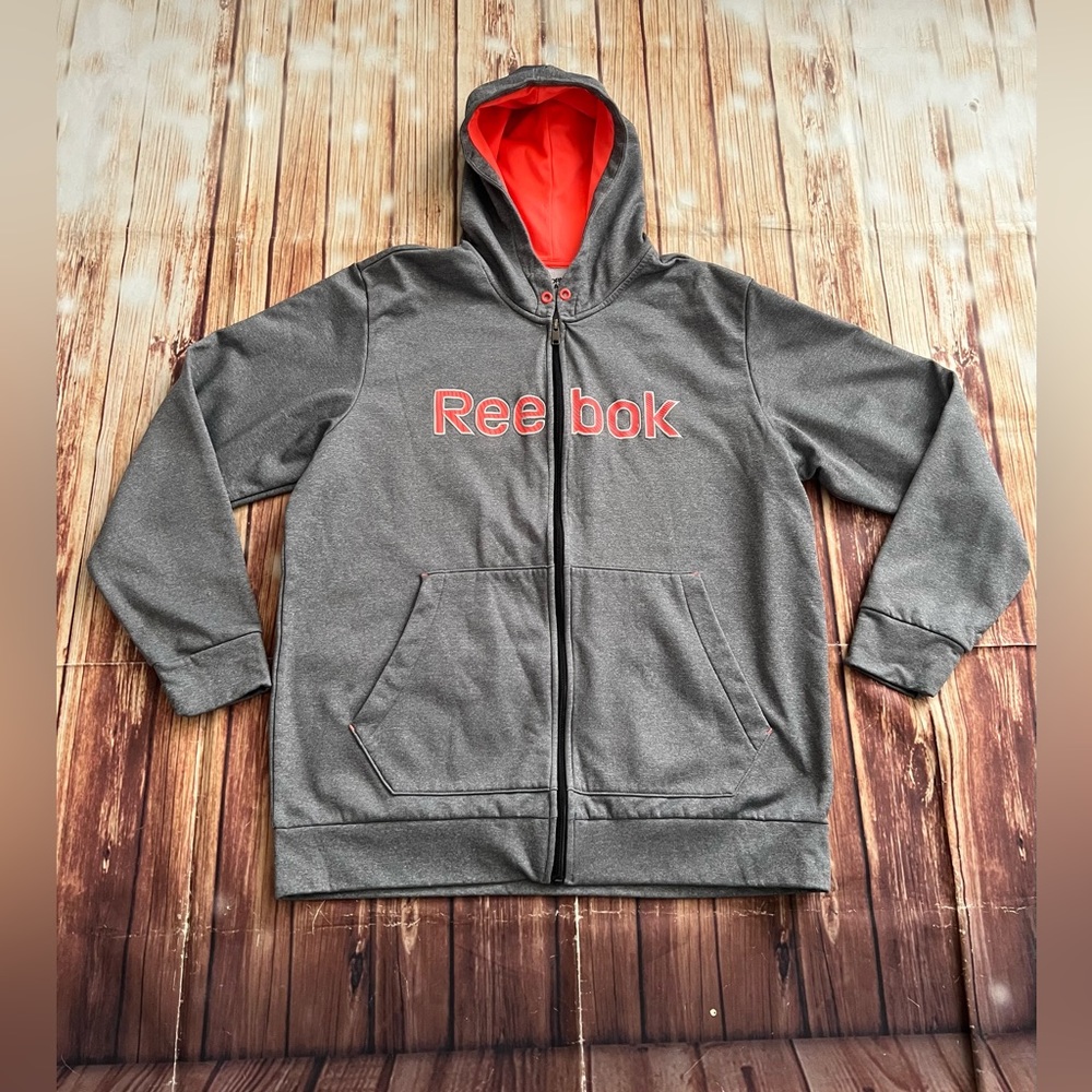 Reebok Men Gray Orange Logo Full Zip Hoodie with Pockets Size Large